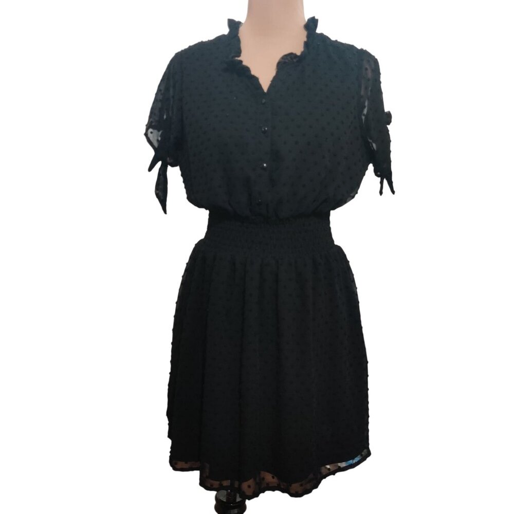 Justify Dress Blouson Polka Dot Button Front Shirred Elastic Waist Black Size L